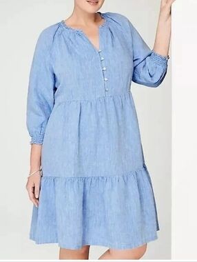 J. Jill Love Linen Tiered Dress Blue 100% Linen Breezy Summer Comfy S